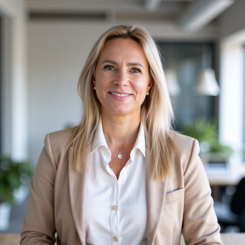 Portret uśmiechniętej kobiety o blond włosach, ubranej w białą koszulę i beżową marynarkę. Kobieta znajduje się w jasnym, nowoczesnym wnętrzu biurowym, które jest lekko rozmyte w tle.